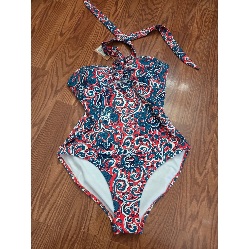 Boden Womens Red Blue White Paisley Halter One Piece Swimsuit S0358 NEW‎
